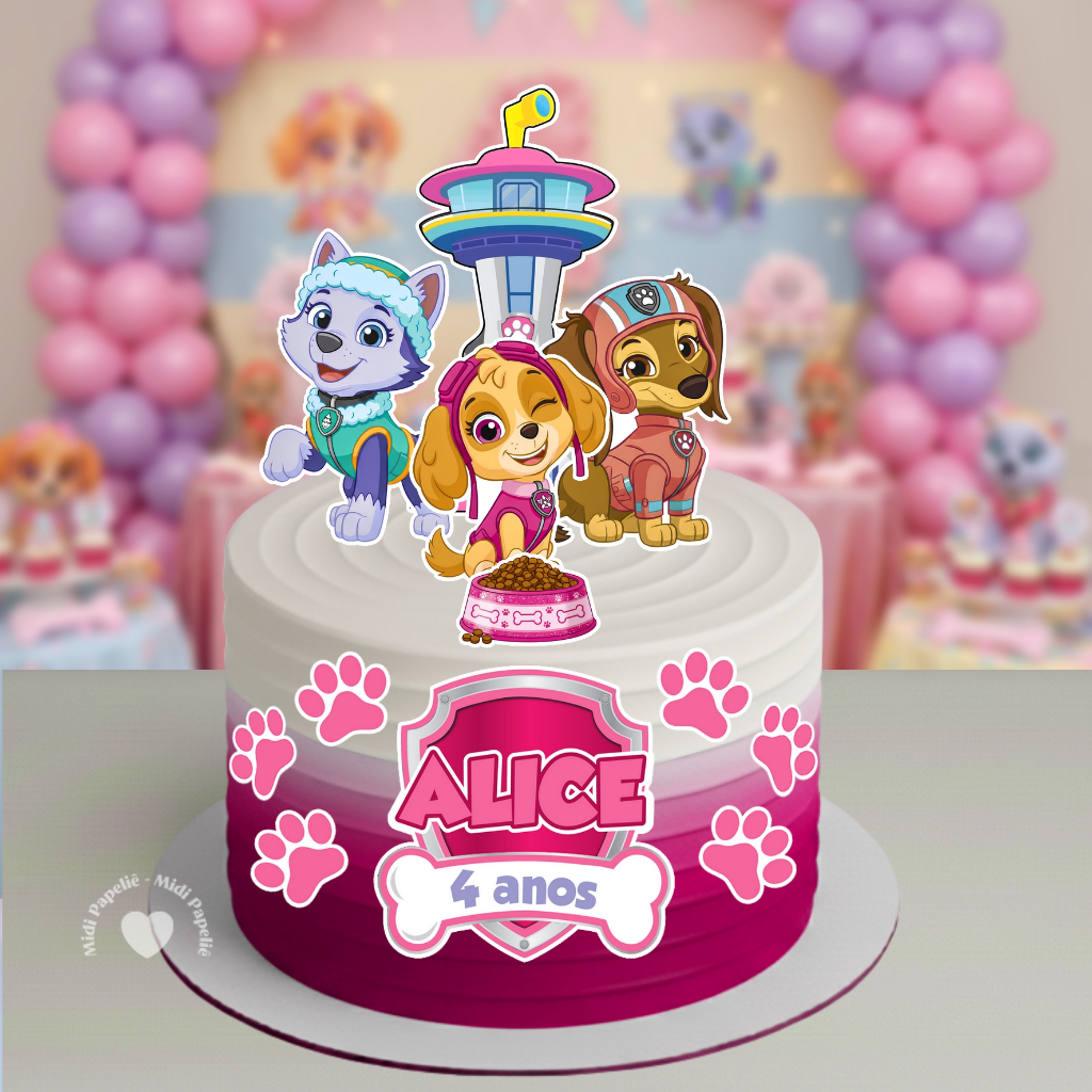 Topo de Bolo Patrulha Canina Menina Festa de aniversário Infantil mêsversário topper personalizado com nome e idade