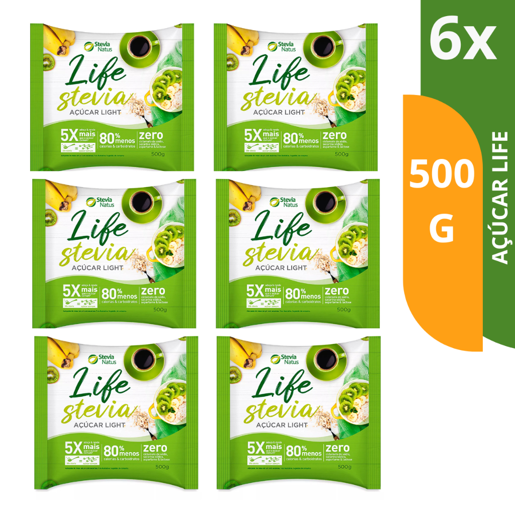 Açúcar Light Life Stevia - Adoça e Rende 5x mais Stevia Natus 500g - Kit 3 OU 6 UNID