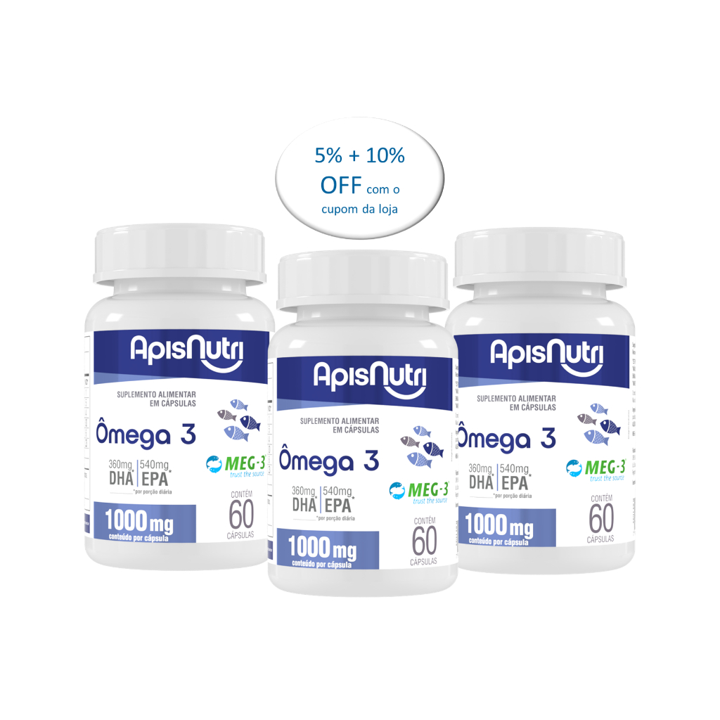 Óleo de Peixe Ômega 3 1000mg 60 cáps  APISNUTRI Kit com 3 Ud 5% OFF + 10% OFF do CUPOM DA LOJA