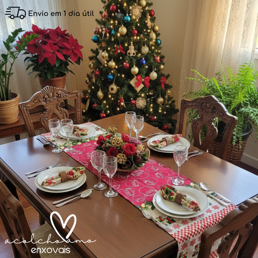 Trilho de Decoração Mesa Posta Natal Caminho de Mesa Natalino 100% Poliéster Oxford 1,45mx 40cm