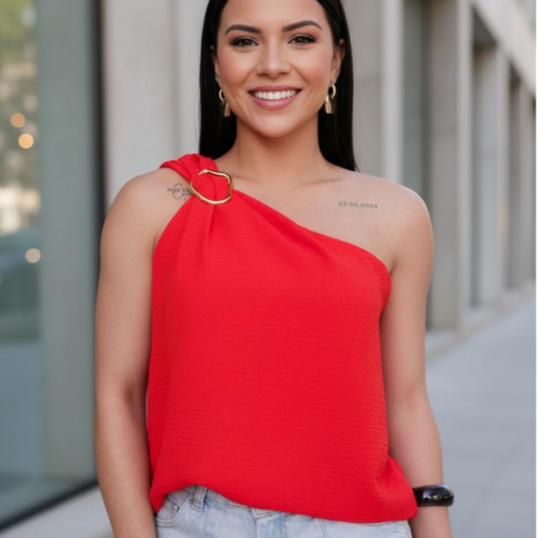 Blusa Feminina Alça Única Fivela Dourada Tecido Crepe Duna um Ombro Só Manga Mula Estilosa M G GG em Oferta na Shopee