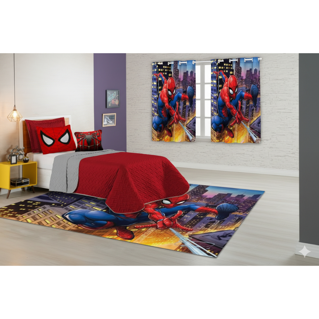 Kit Homem Aranha Spider Man Cobre Leito Tapete e Cortina Promoção Menino Barato Quarto Lavável Macio