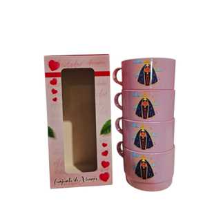 Conjunto Nossa Senhora com 4  Xícaras de Acrílico 200 ml Empilhavél na caixa. em Oferta na Shopee