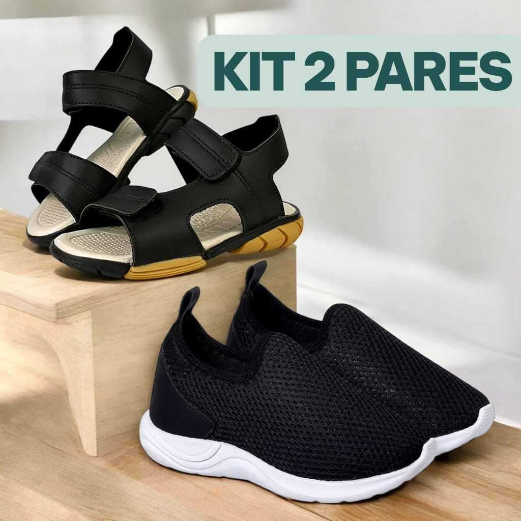 Kit 2 Pares Tenis Infantil + Sandália Papete Menino Confortavel Para Ferias Escolar