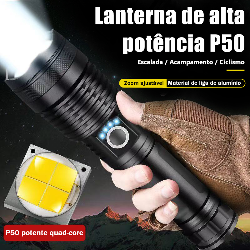 Lanterna Superpotente T9 - Zoom Ajustável, USB,À Prova d'Água e Bateria Recarregável, 5 Modos,