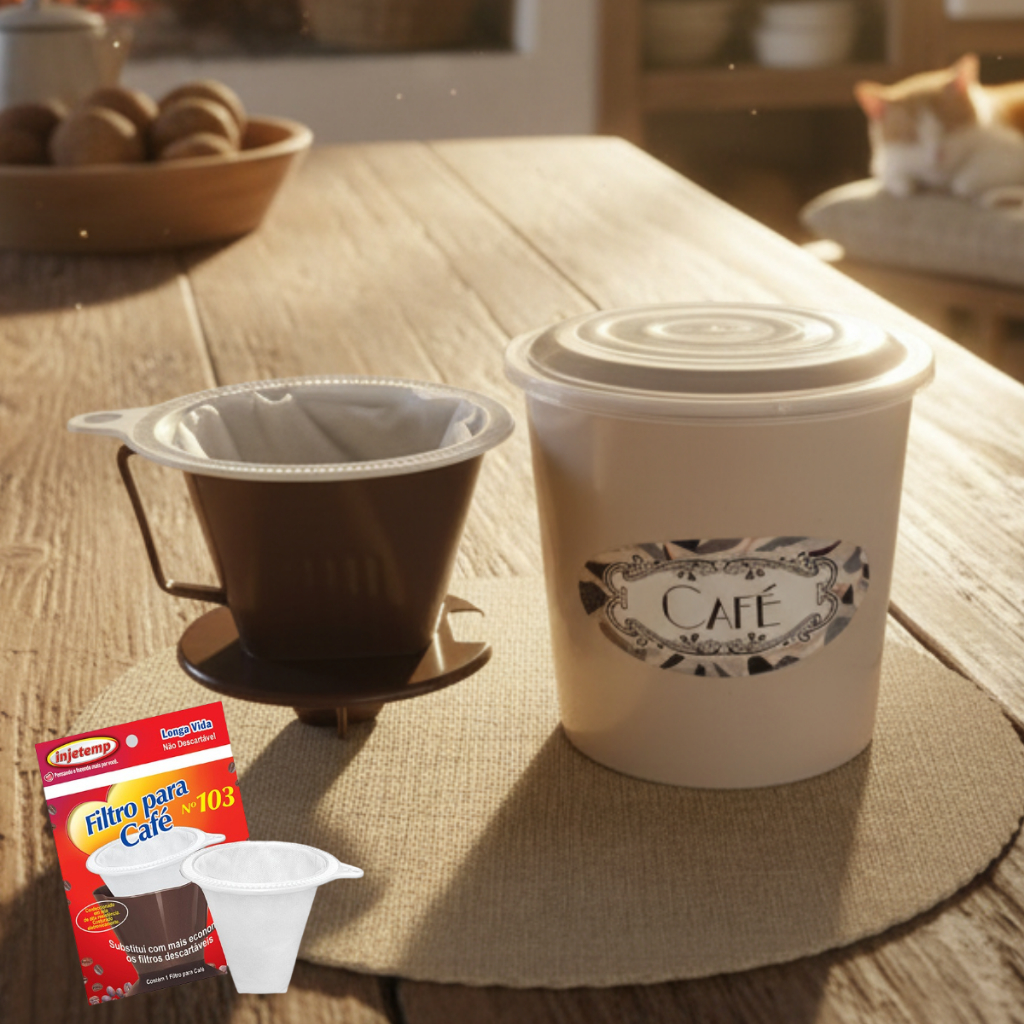 Conjunto Completo Café Coado: Pote Porta Pó Hermético + Suporte Coador N° 103 e Filtro em tela Reutilizável