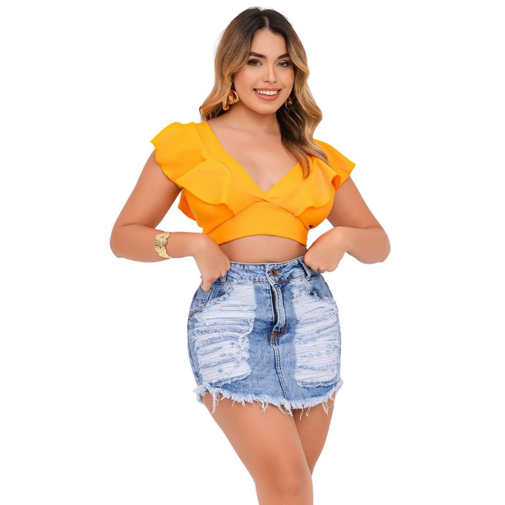 Saia Jeans Feminina Lindinho Cós Alto, Cintura Alta Barra Na Banhinha Com Muito Estilo. em Oferta na Shopee