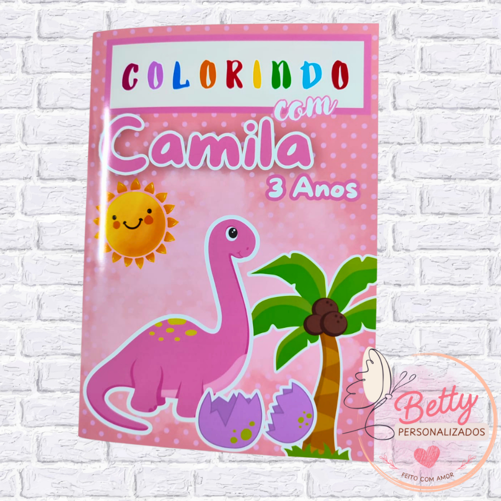 Kit Livro de Colorir personalizado no Dinossauro Rosa para Lembrancinha de Aniversário