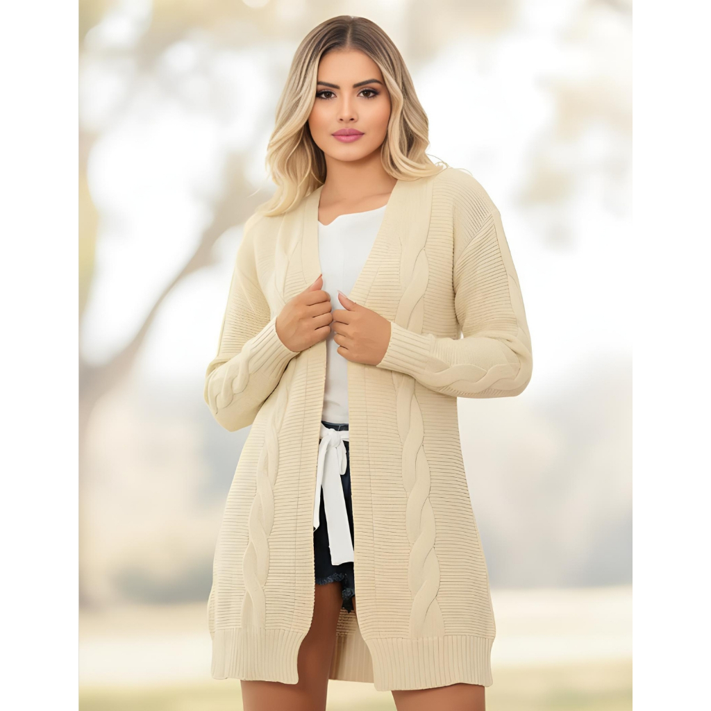 Max Cardigan Sobretudo Moda Inverno Em Tricô Feminino Modelo Detalhes Trançado Longo e Com Fendas