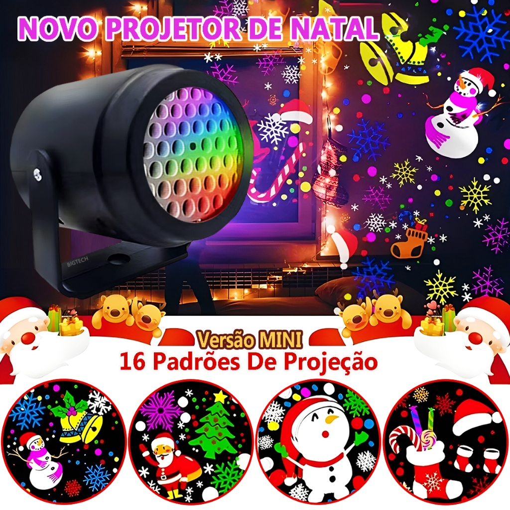 Projetor Natalino Led Natal 16 Desenhos 3d Portatil Bivolt Decoração Festa Casa Papai Noel Boneco De Neve