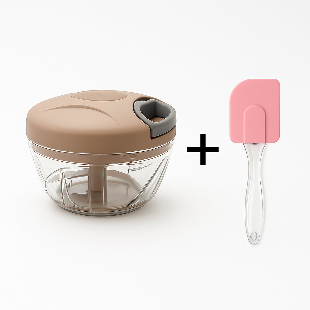 Kit Triturador Manual de Alimentos 500ml 3 Lâminas Inox Base Antiderrapante + Espátula de Silicone