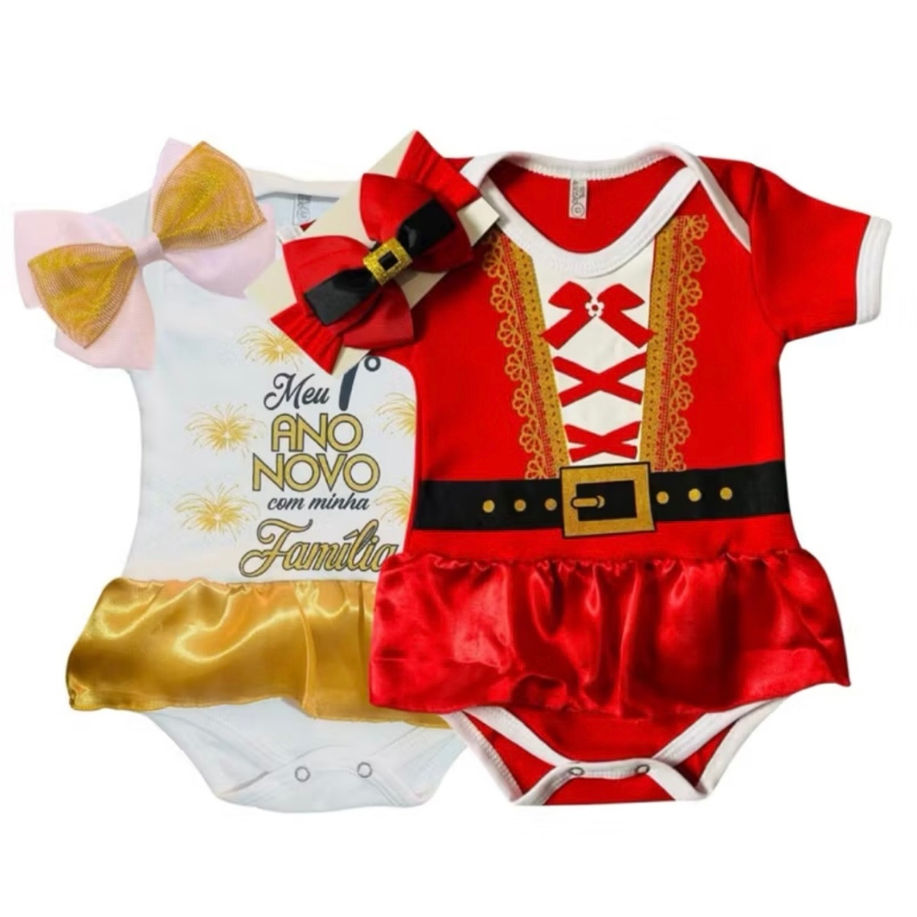 Body Natal de Bebê Ano Novo Temático Natal Ano Novo Vestido Natal Body Ano Novo Papai Noel Mamãe Noel