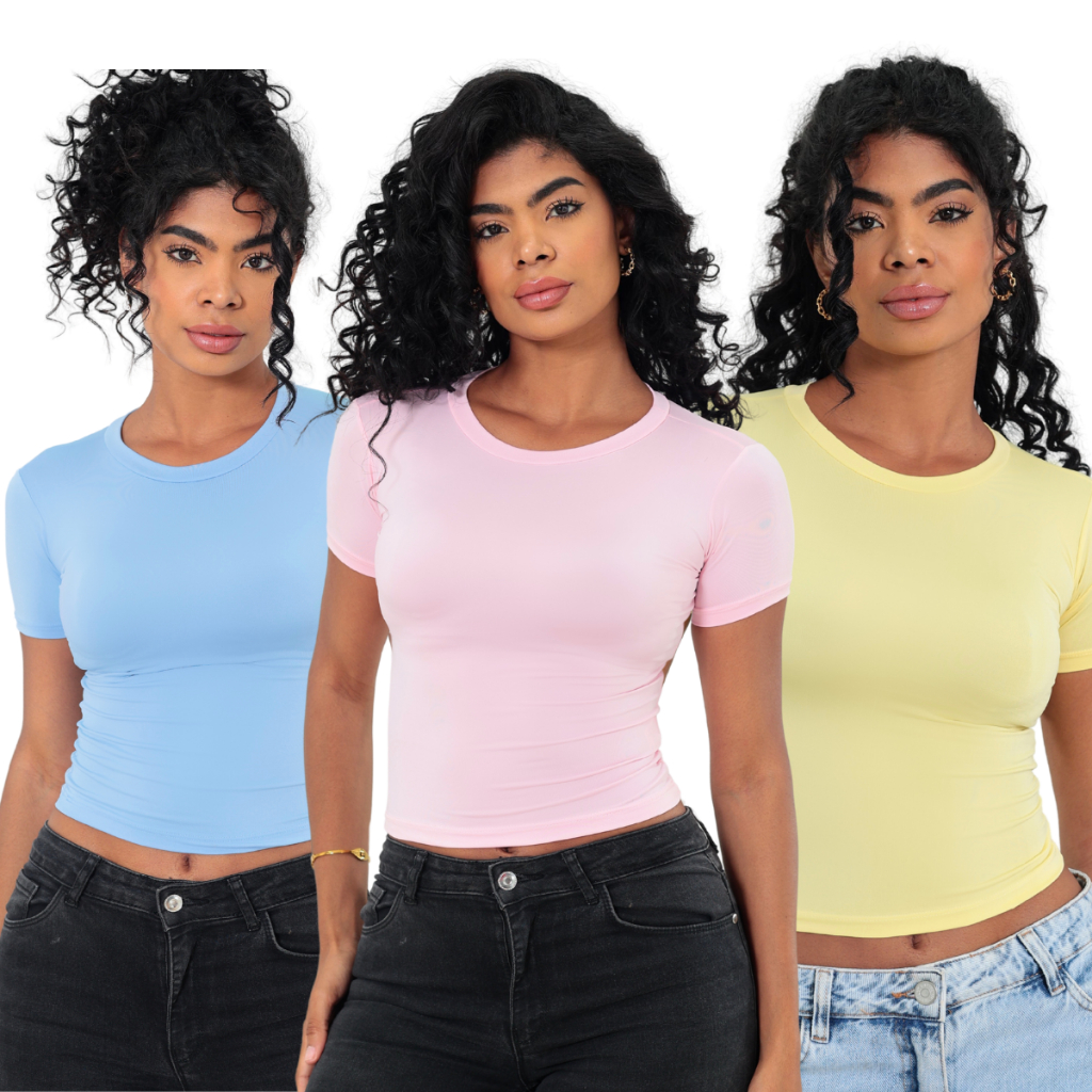 KIT 03 Baby Tee Feminina - Blusa Slim Fit Manga Curta Candy Colors - Blusa de Compressao - Candy Color em Oferta na Shopee