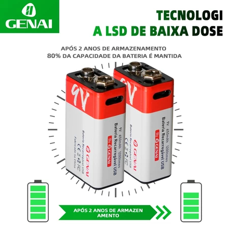 Kit 2 Baterias Recarregável 9 Volts Knup 9v 650mah Original
