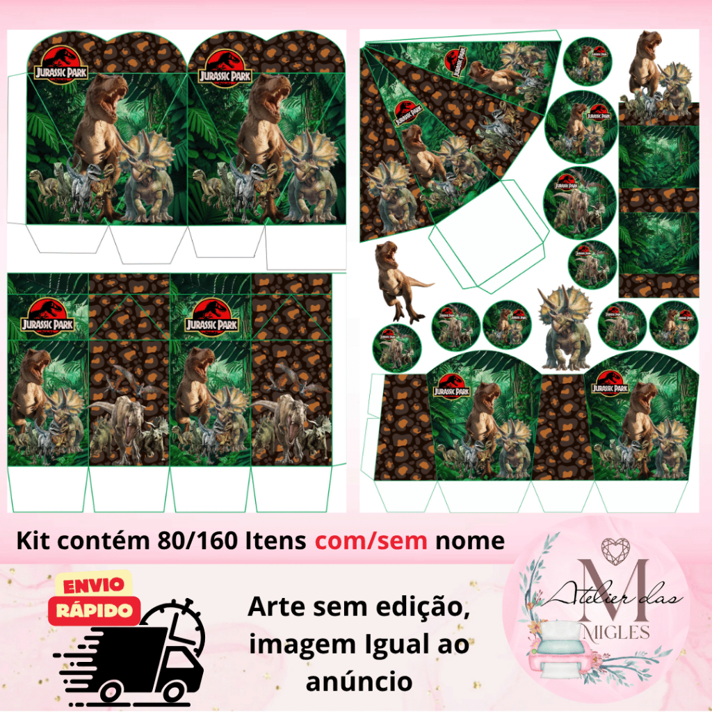 Kit com 80/160 itens lembrancinhas TEMA DINOSSAURO/JURASSIC PARK (COM/SEM NOME) - Envio rápido!!!