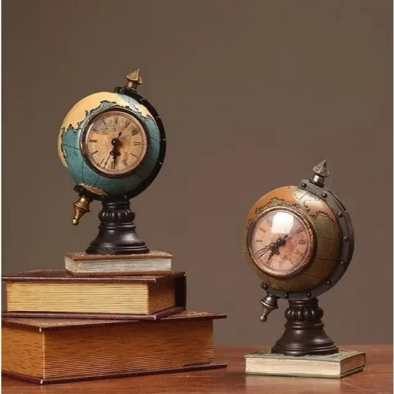 Enfeite Globo Terrestre de Resina com Relógio 24cm Decoração Escritório Livraria Retrô Vintage