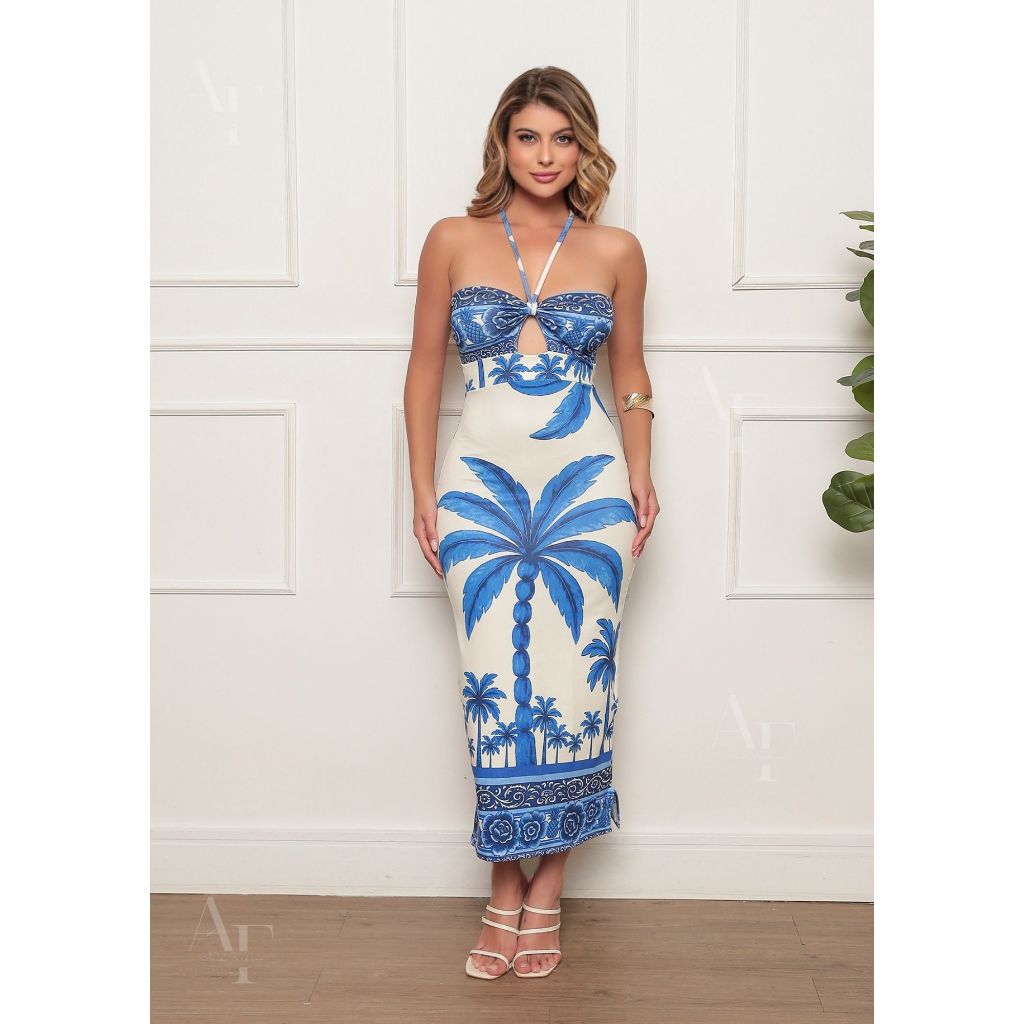 Vestido Midi Feminino Tropical Coqueiros Elegante Inverno 2026