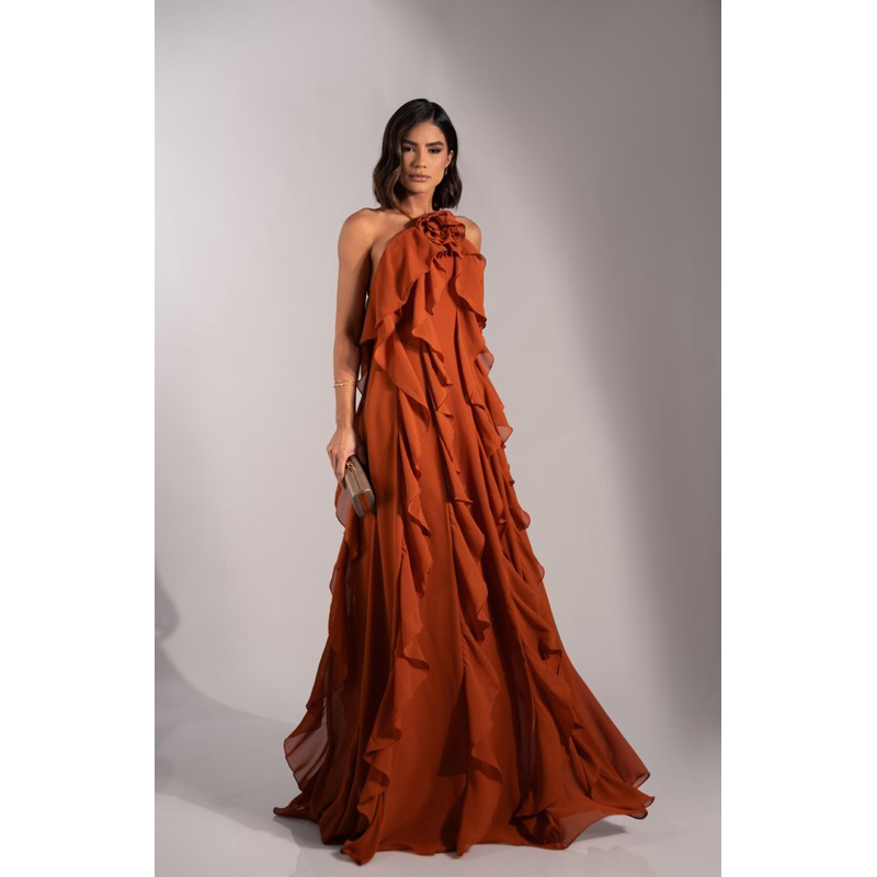 VESTIDO DE FESTA LONGO LANÇAMENTO CASAMENTO MADRINHA FASHIONISTA COM FLOR FIJI