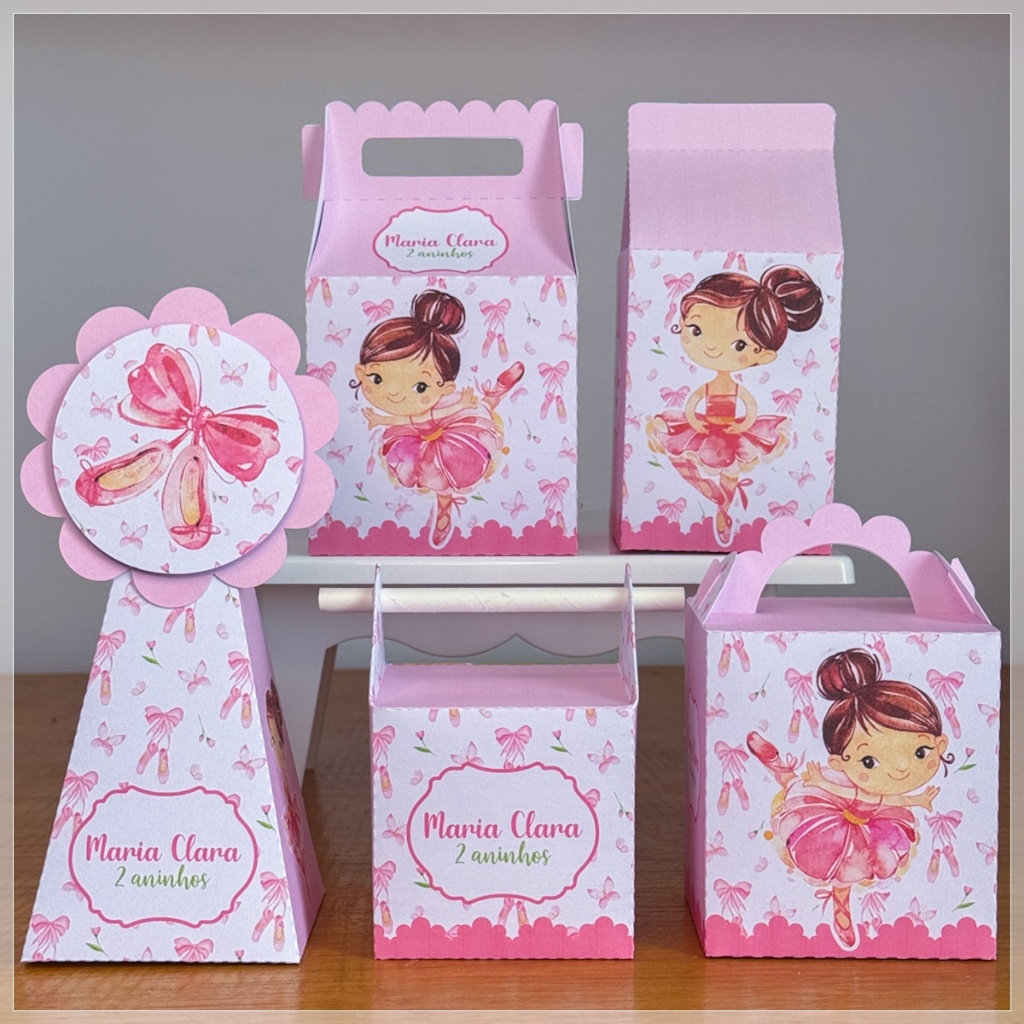 Kit Festa Bailarina  Personalizado | Lembrancinhas | Caixa Milk/ Pirâmide | Bailarina cute /Aniversário Pegue e Monte!