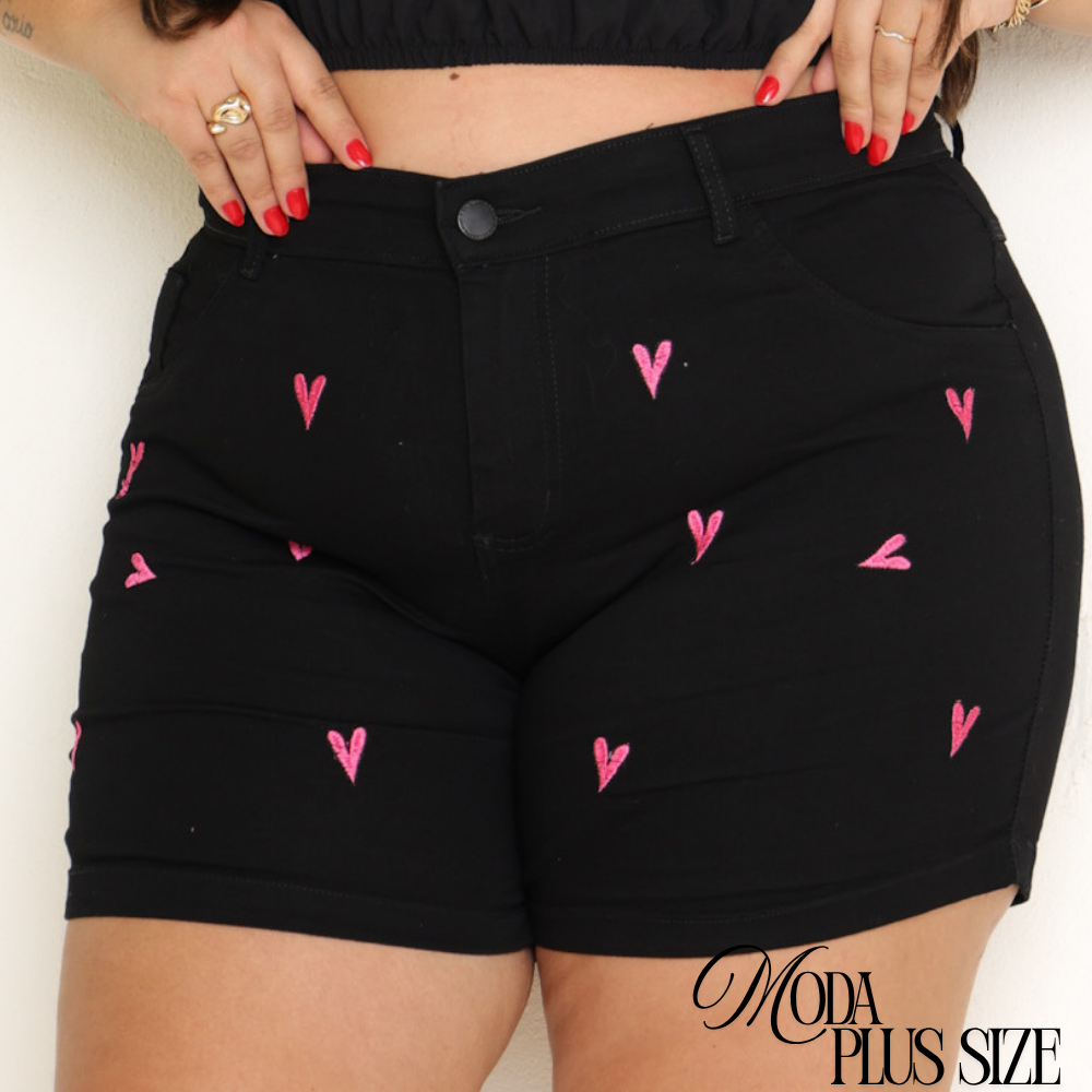 Short Jeans Preto Plus Size com Lycra Feminino Cintura Alta Moda Verão Confortavel