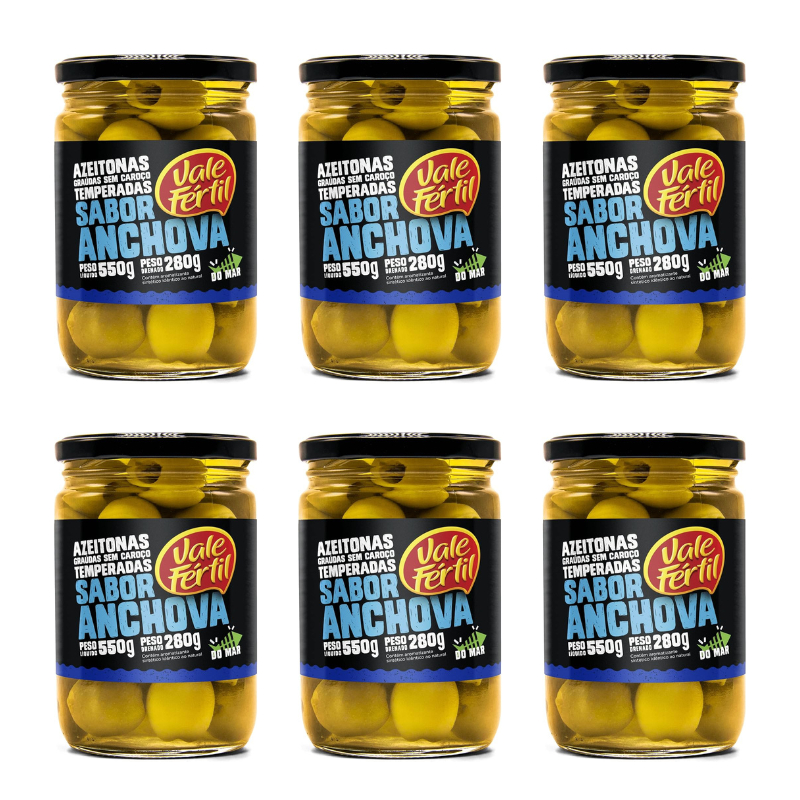 06 Azeitona Verde Em Conserva Graúda Sem Caroço Sabor Anchova Vale Fértil 550G