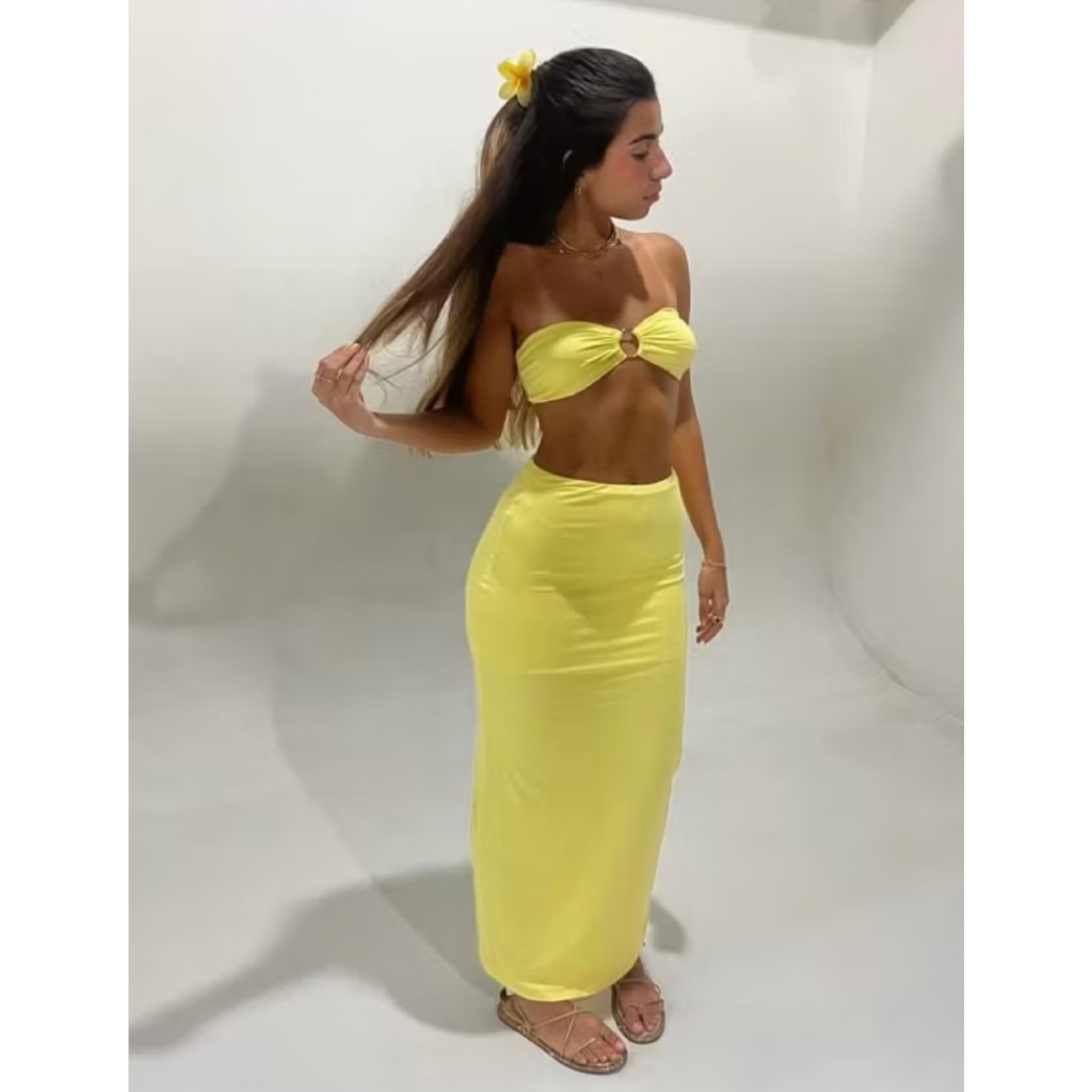 CONJUNTO LONGO COM SAIA E CROPPED FEMININO em Oferta na Shopee