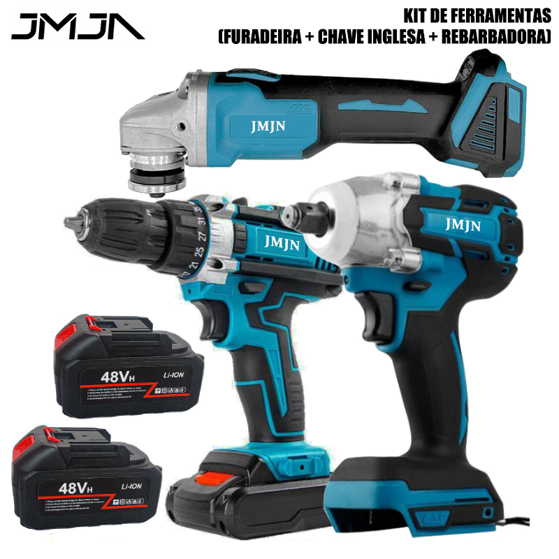 JMJN Kit 3 em 1 Ferramentas 48V com 2 Baterias – Furadeira Parafusadeira Chave de Impacto e Esmerilhadeira Sem Fio