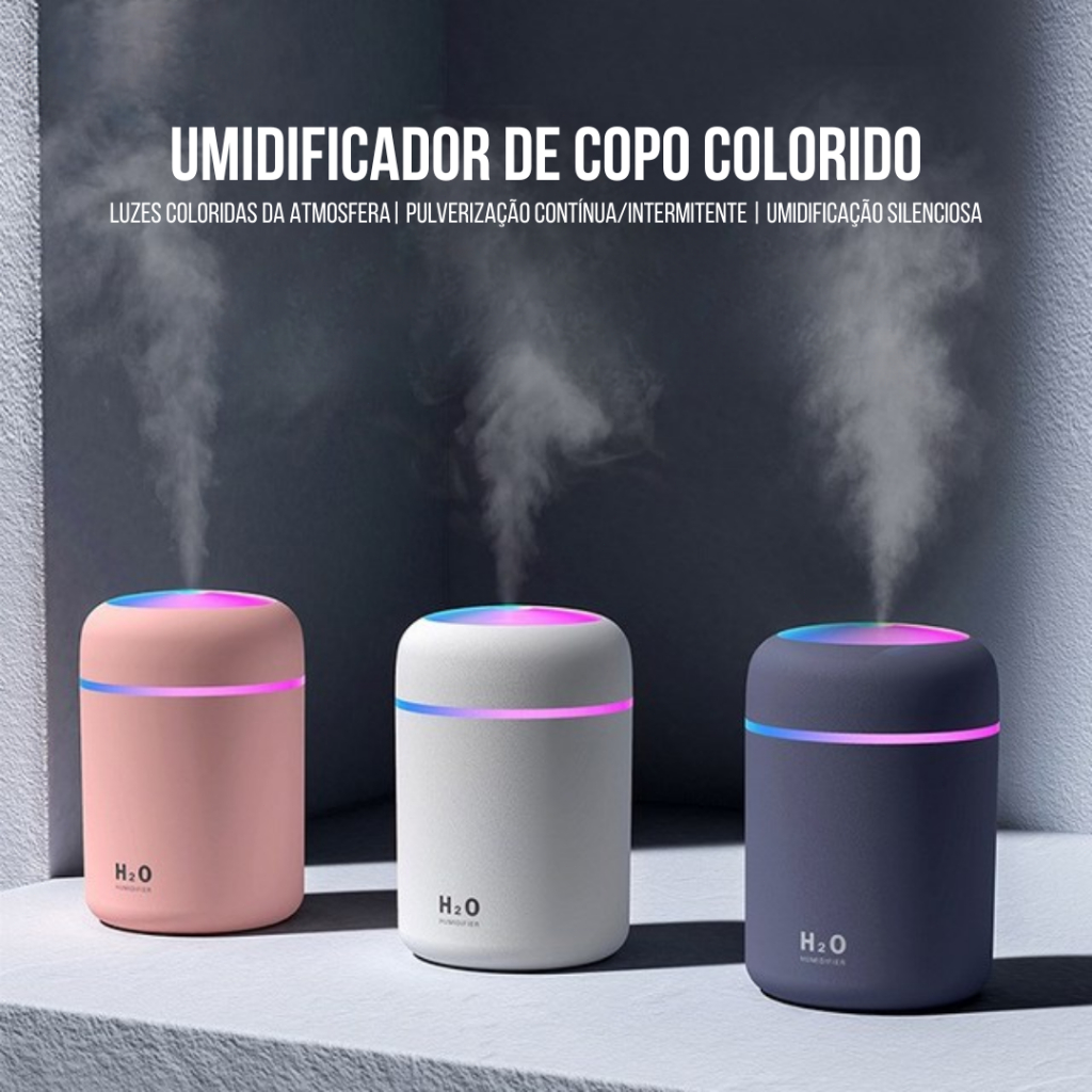 Umidificador De Ar Portátil Usb Ultrassônica 300ml Coloridos RGB LED H2O