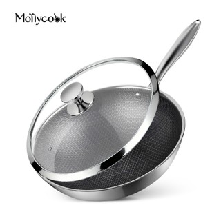 Mollycook Frigideira Wok Antiaderente 32CM 5L Aço Inox 18/10 Cinza Panela Mollycook Wok Para Indução Gás Tampa de Vidro