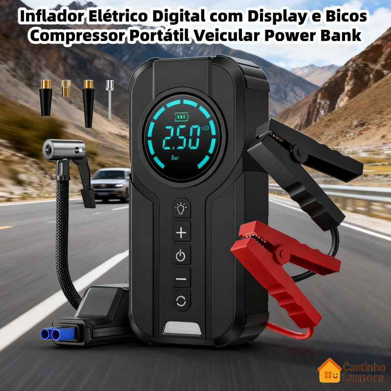 Inflador Elétrico Digital com Display e Bicos Compressor Portátil Veicular Power Bank 5V