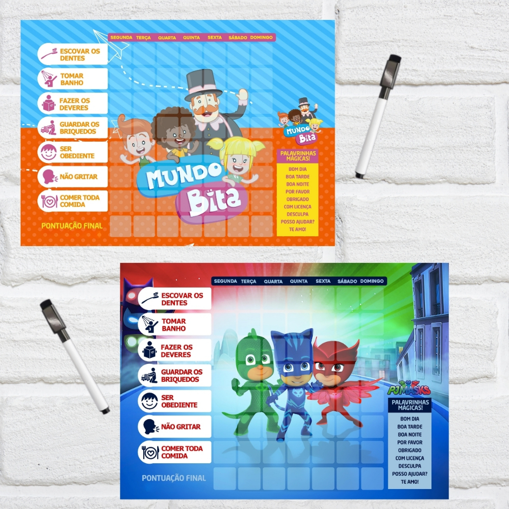Quadro de Incentivo Infantil Personagens Tarefas e Rotina | Quadro Educativo com Canetinha Brinde