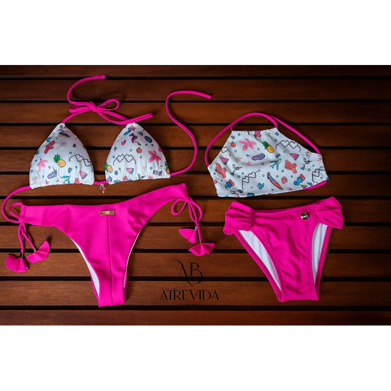 biquínis tal mãe tal filha cortininha com bojo removível flamingo rosa