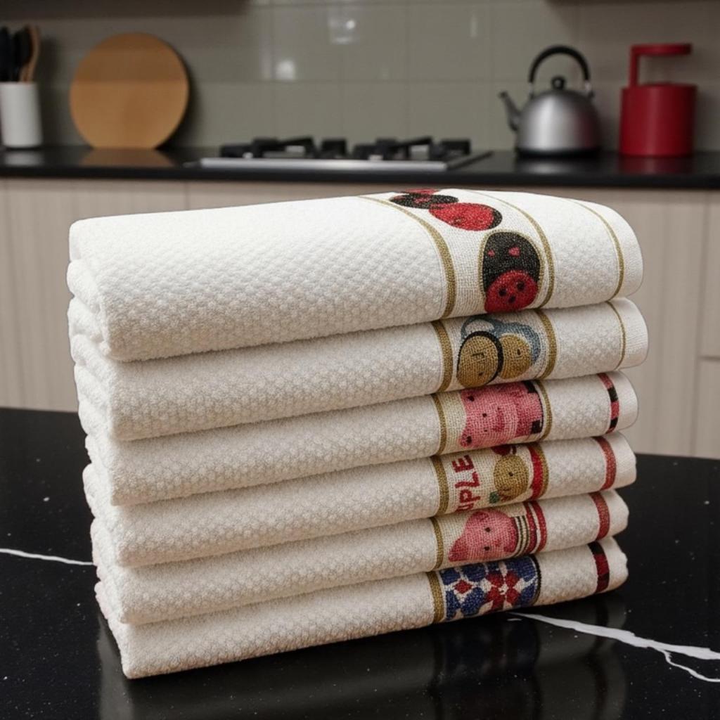 Kit 6 Pano De Copa Prato Jacquard 100% Algodão 45x65cm Cozinha Desenhos Na Barra