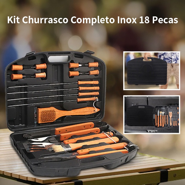 Kit Churrasco 9/18 Peças com Cabos de Madeira e Caixa de Plástico