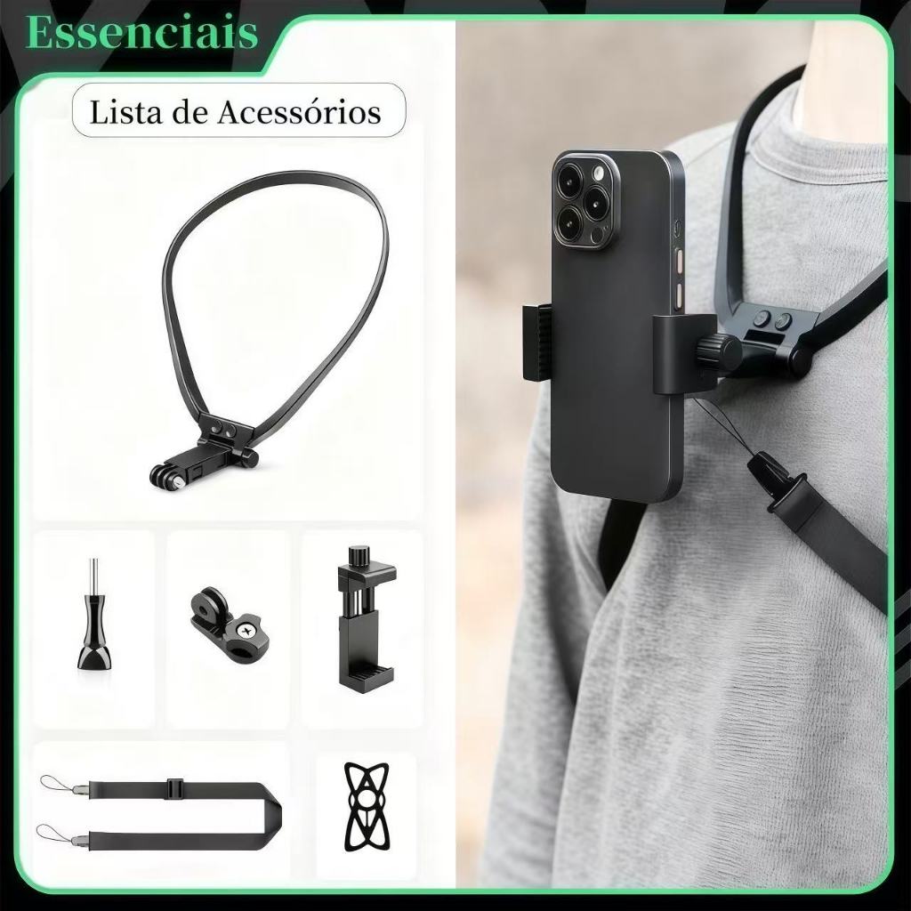 Kit Atualizado 6 Peças: Suporte de pescoço estic. com rotação de 360°, compatível com celular e câmera de ação em Oferta na Shopee