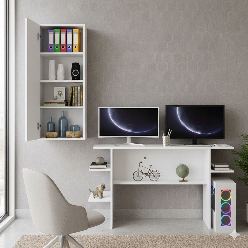 Conjunto Mesa Escrivaninha p/ Computador  + Armário de Parede c/ 1 Porta e 4 Prateleiras Multiuso
