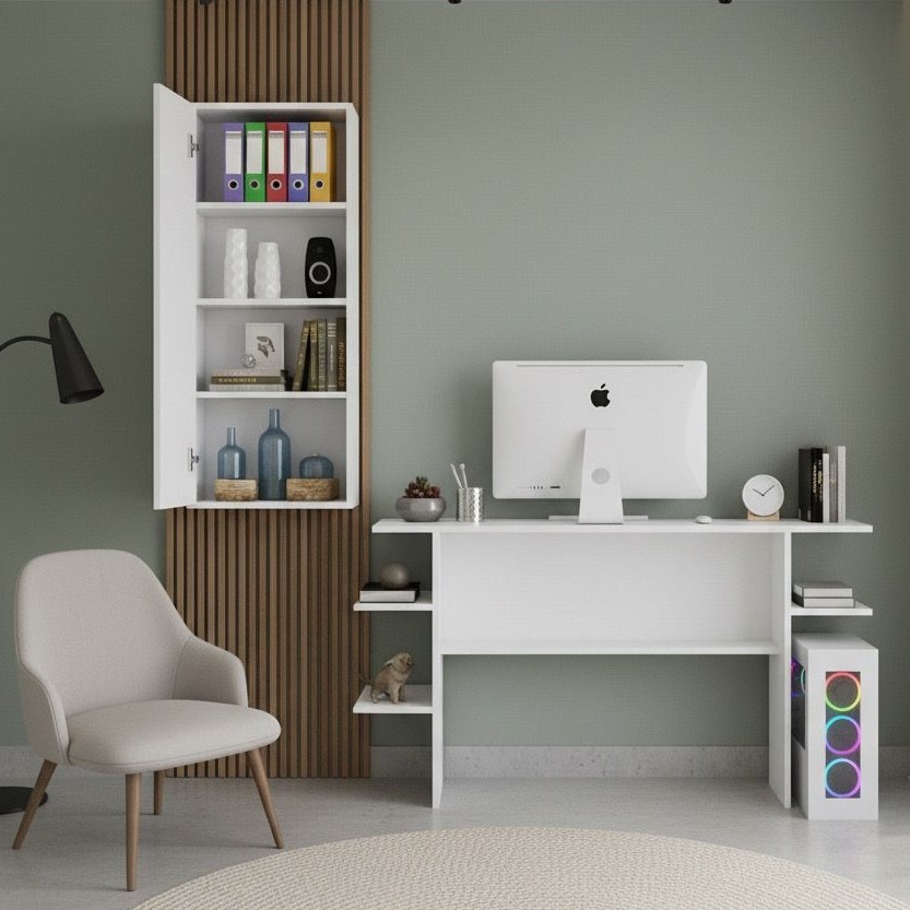 Conjunto Mesa‑Escrivaninha Computador + Armário na Parede de 1 Porta e 4 Prateleiras Multiuso