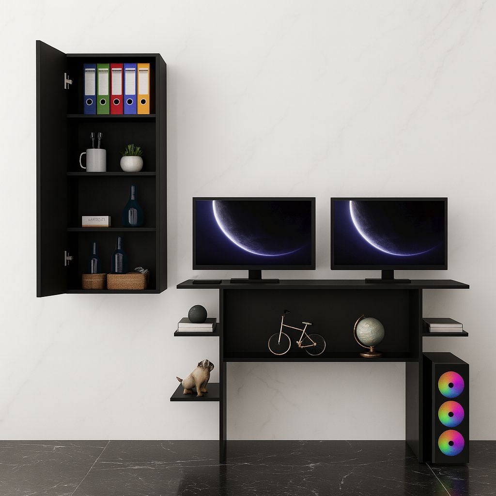 Conjunto Mesa Escrivaninha p/ Computador + Armário de Parede Multiuso 1 Porta e 4 Prateleiras