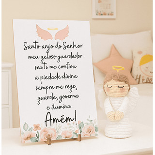 Quadro Decoração Quarto Bebe Criança Santo Anjo Presente Batizado Oração Placa Mdf