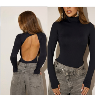 Body Feminino Modelador Collant  segunda Pele Manga Longa Costas Aberta Costa Nua Gola Alta Moda Gringa Versátil Suplex em Oferta na Shopee