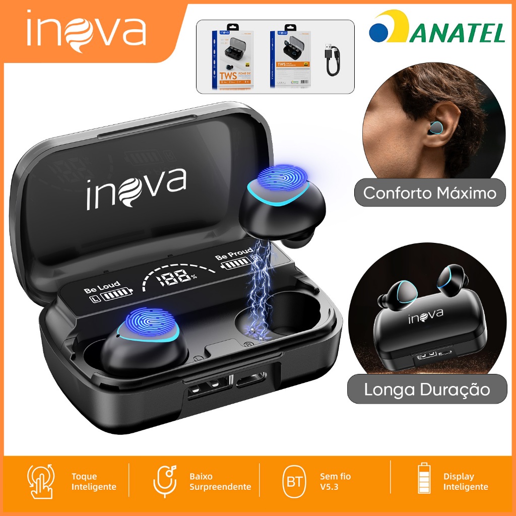 INOVA Fone Bluetooth TWS 5.3 Cancelamento Ruído Bateria 36H Driver 14.2mm Conforto Máximo em Oferta na Shopee