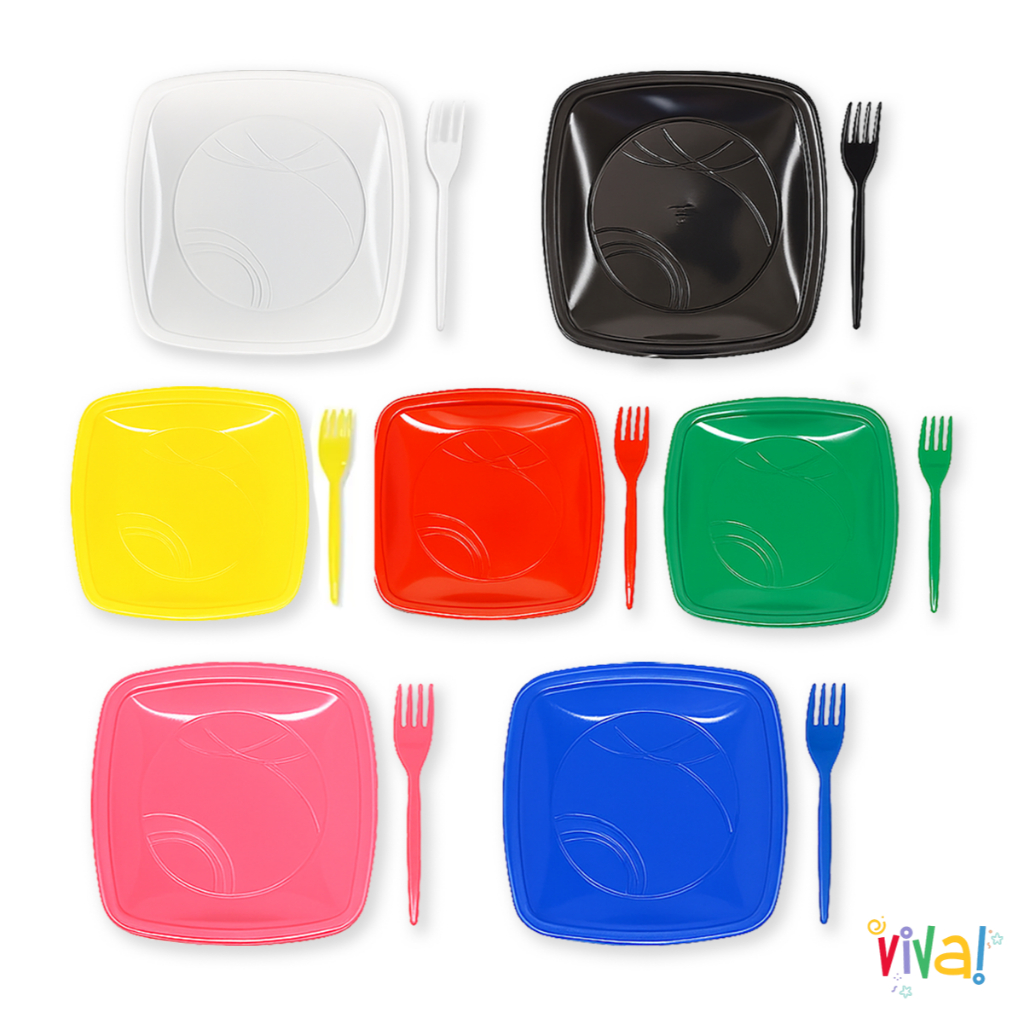 Kit 10 20 30 Prato Quadrados Biodegradáveis + Garfinhos Descartáveis Para Festas e Aniversários