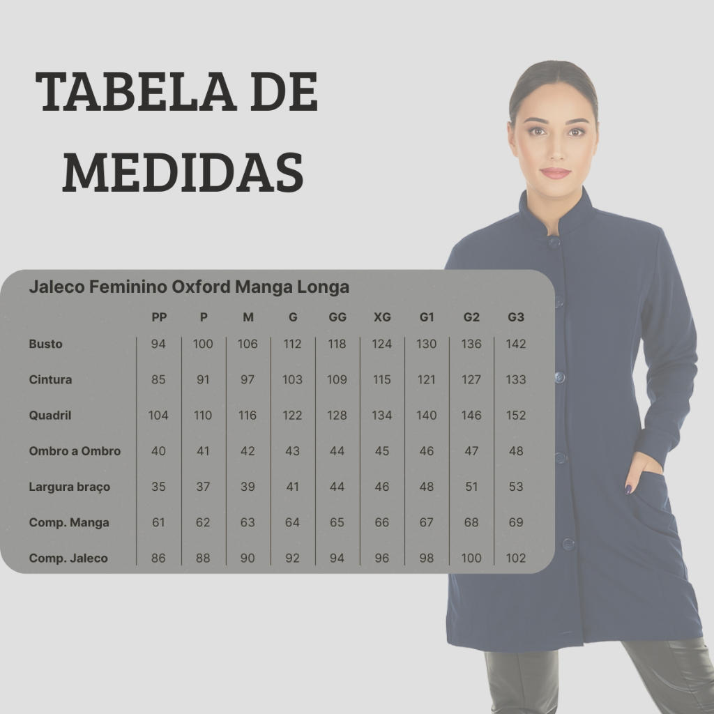 Jaleco Feminino Acinturado Básico Gola Padre Oxford Manga Longa Com Zíper — imagem 2 de 2