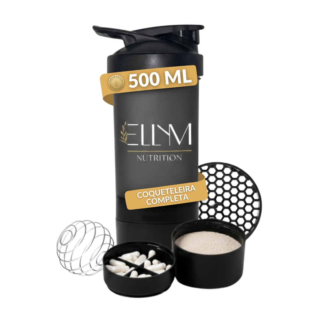Coqueteleira 500mL Completa Porta Whey Cápsula Academia ELLYM NUTRITION Shakeira Bola Misturadora