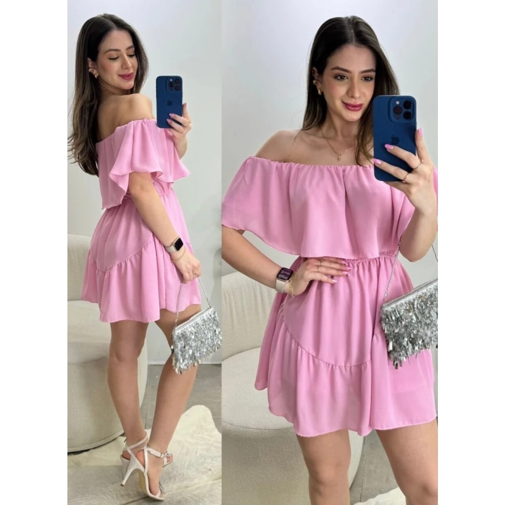 Vestido Macaquinho Feminino Manga Curta com Babado – Cintura com Elástico e Short Interno Chiffon