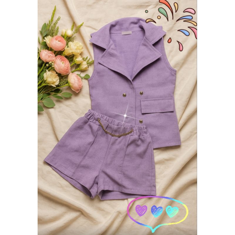 roupa infantil menina conjunto social alfaiataria luxo colete Max e shorts linho aventurado luxo roupa de sair festa