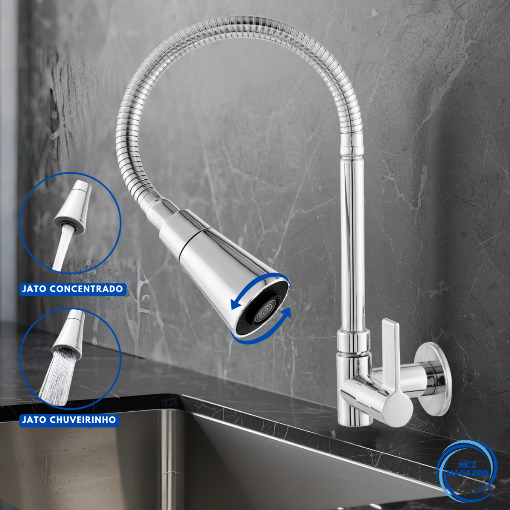 Torneira Pia Cozinha Gourmet Inox Chuveirinho Cozinha Parede Flexível 1/4 de Volta