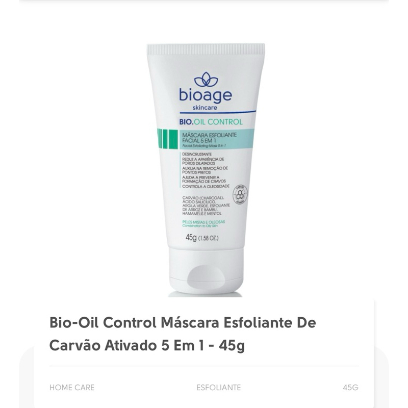 Bio-Oil Control Máscara Esfoliante De Carvão Ativado 5 Em 1 - 45g
