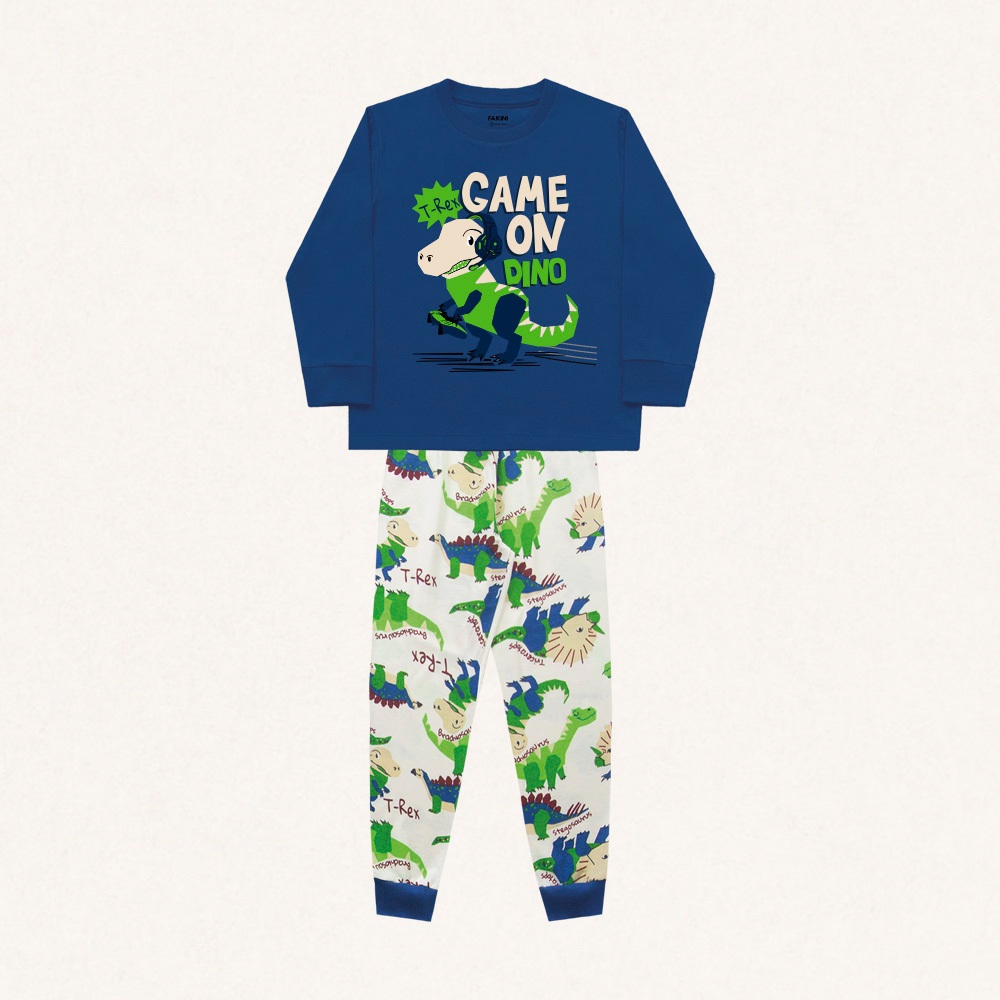 Conjunto infantil pijama camiseta manga longa e calça em meia malha game dino fakini em Oferta na Shopee