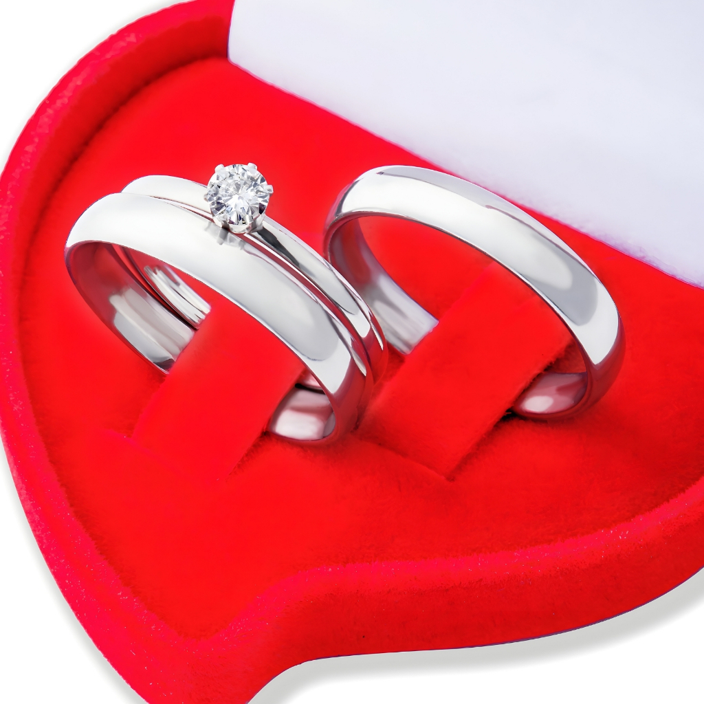 Aliança de Namoro Par com Solitário e Caixa de Veludo Compromisso Noivado Tradicional Aço Inox Prata em Oferta na Shopee